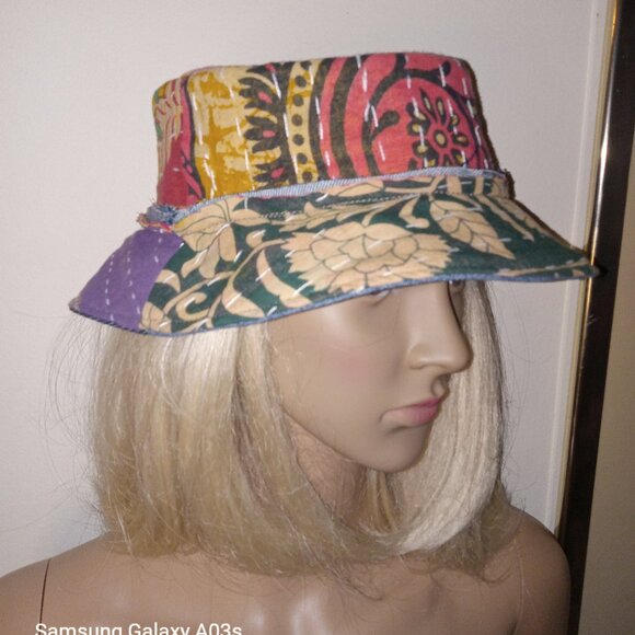 Kantha & Denim Bucket Hat Reversible Dk. Green Purple Red Patchwork BHAT10. - Picture 2 of 7